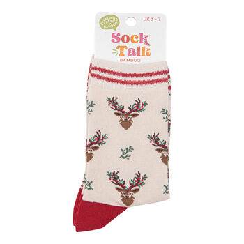 Christmas Reindeer Stags Holly Bamboo Ankle Socks Women's Cream Red, 3 of 4