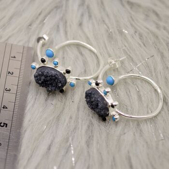Black Onyx, Agate, Turquoise, Sterling Silver Hoop Earrings, 6 of 8