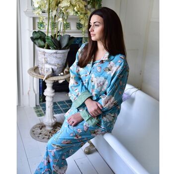 Ladies Blue Blossom Print Cotton Pyjamas, 3 of 4