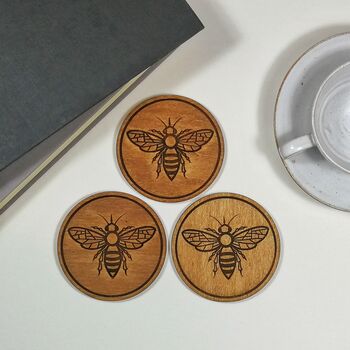 Wooden Drinks Coasters With Manchester Bee Design, 5 of 7