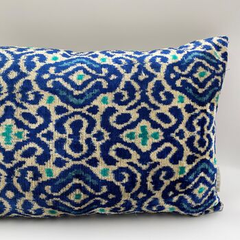 Oblong Ikat Velvet Cushion Blue Heritage, 7 of 7