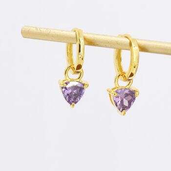 Sterling Silver Amethyst Purple Trillion Cut Cz Hoop Earrings, 2 of 12