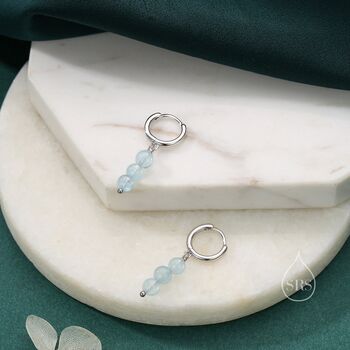 Sterling Silver Genuine Blue Chalcedony Stone Trio Huggie Hoop Earrings, 4 of 10