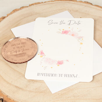 Personalised Rose Gold Circle Save The Date Magnet, 3 of 4