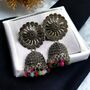 Floral Oxidised Indian Asian Drop Jhumkis, thumbnail 2 of 3