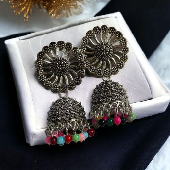 Floral Oxidised Indian Asian Drop Jhumkis, 2 of 3