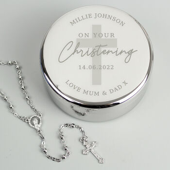 Personalised Christening Rosary Beads And Cross Round Trinket Box, 2 of 3