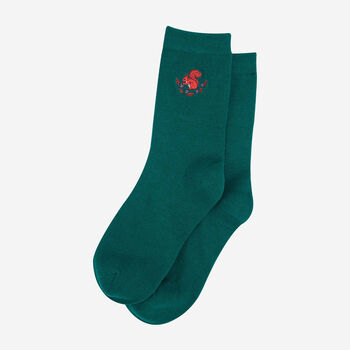 Red Squirrel Woodland Animals Embroidered Ankle Socks Women's Green, 4 of 4