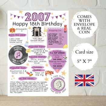 18th Birthday Card With 2007 Coin And Envelope Choose Your Colour, 3 of 3