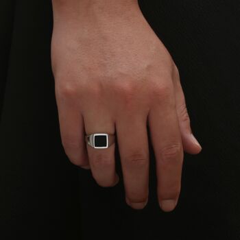 Gold Plated Square Signet Onyx Ring Polished Steel Ring, 7 of 12