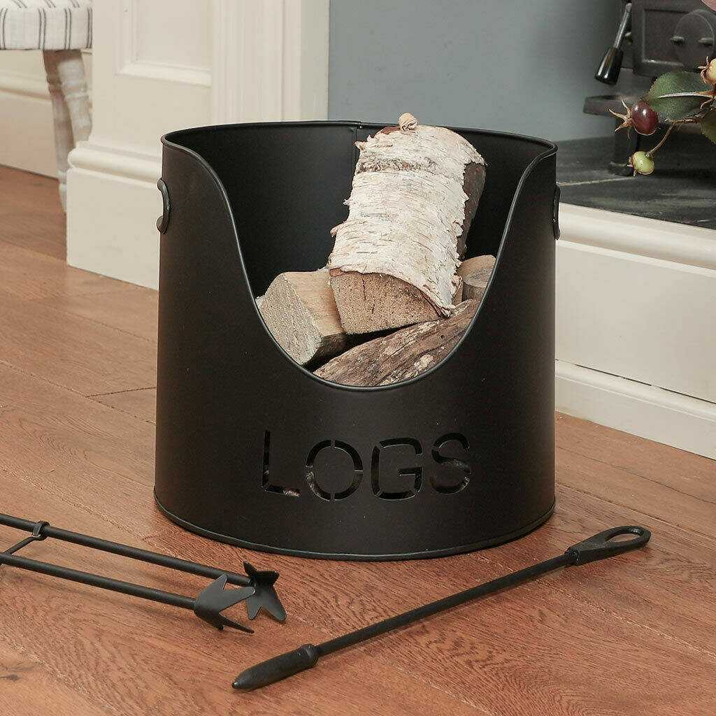 Farringdon Black Log Basket With Tools Set By Dibor