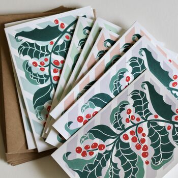 Candy Stripes And Holly Leaves Linocut Notecard Set Of Eight, 2 of 12