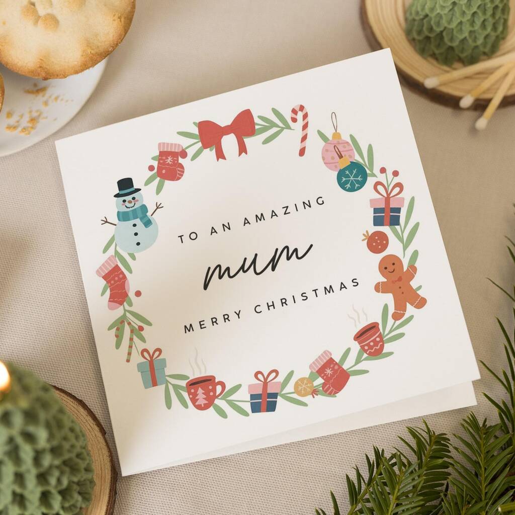 Personalised Gingerbread Wreath Christmas Card For Mum, 1 of 7