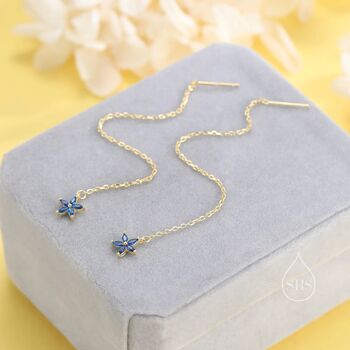 Sapphire Blue Cz Flower Threader Earrings, 3 of 10