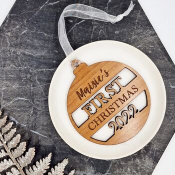 Personalised Wooden First Christmas, Keepsake Bauble, 5 of 7