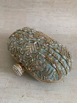 Mint Green Handcrafted Embroidered Oval Clutch Bag, 2 of 9