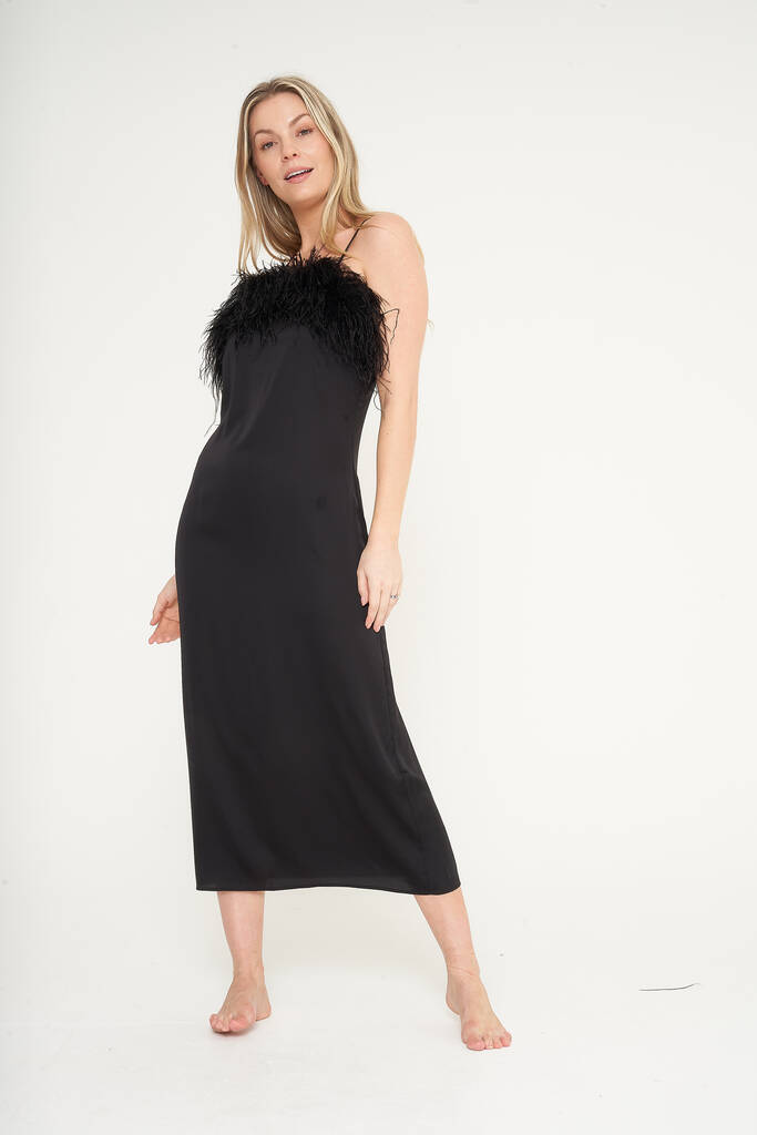 Luxury Silky Black Feather Slip Dress, 1 of 6