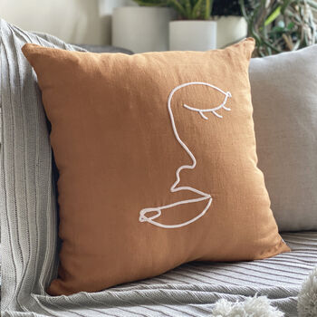 Embroidered Face Art Linen Cushion, 2 of 5