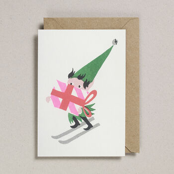 Risograph Christmas Card Elf With Gift, 3 of 6
