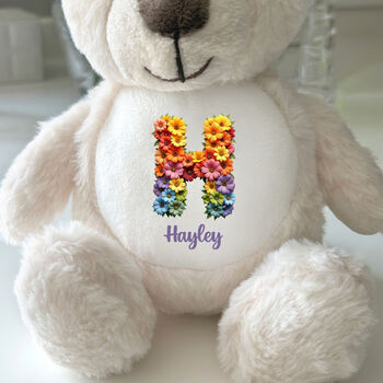 Personalised Flower Alphabet Cream New Baby Teddy Bear, 5 of 6