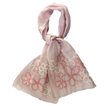 Hand Embroidered 100% Linen Scarf In Pale Pink With French Knot Flower Details, 2 of 5