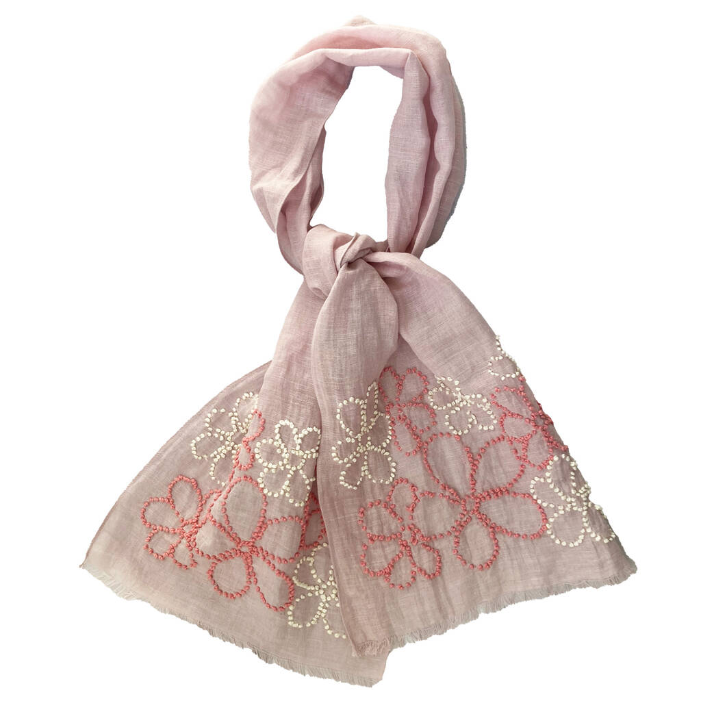 Hand Embroidered 100% Linen Scarf In Pale Pink With French Knot Flower Details, 1 of 4