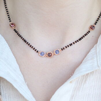 Black Bead 18ct Gold Plated Blue Stone Slim Mangalsutra Necklace, 3 of 10