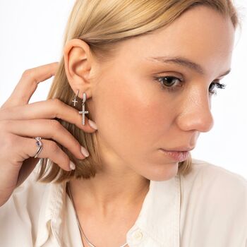 Full Pave Cross Sterling Silver Drop Hoop Earring, 7 of 10