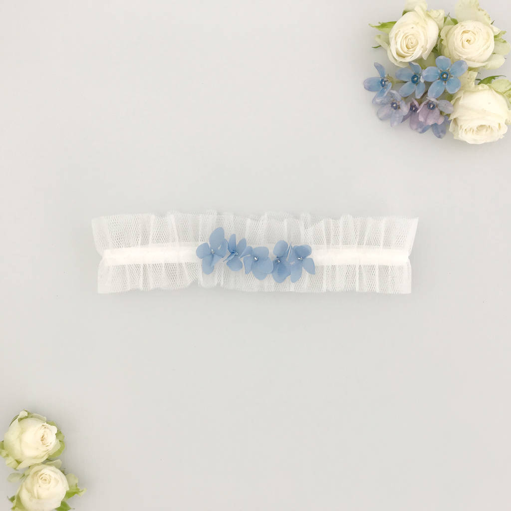Tulle Wedding Garter With 'Something Blue' Flowers, 1 of 9