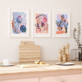 Pastel Botanical Print Set – Soft Hand Painted Leaf And Flower Trio, 2 of 12