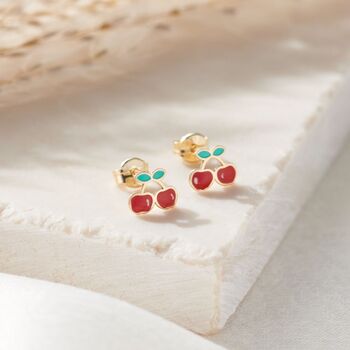 Enamel Cherry 9ct Gold Stud Earrings, 2 of 5