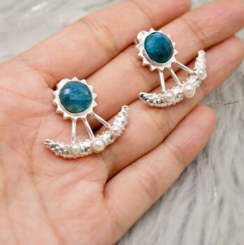 Blue Apatite, Pearl Silver Earrings, 11 of 12