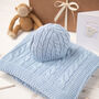 Baby Boys Mid Blue Cable Baby Blanket And Hat Gift Set, thumbnail 1 of 12