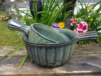 Set Of Two Reactive Glaze Handled Brûlée Bowls In Mist, 2 of 10