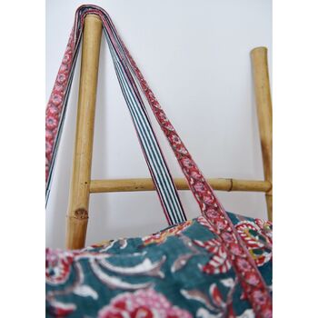 Block Printed Pine Green, Red And Mustard Floral Quilted Duffle Bag, 4 of 9