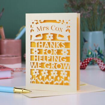 Personalised Papercut Teacher Card Thanks For Helping Me Grow, 4 of 6