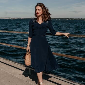 Veronica Dress In French Navy 1940s Vintage Style Dress, 2 of 2