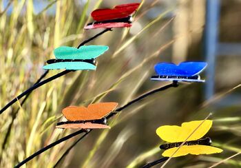 Set Of Five Coloured Butterfly Garden Stakes – Outdoor Metal Art – Vibrant Powder Coated Butterflies On Black Poles, 4 of 7
