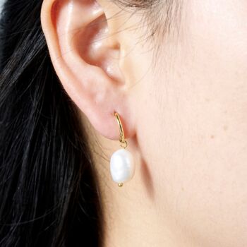 Irregular Freshwater Pearl Drop Gold Hoop Earrings, 2 of 7