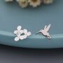 Sterling Silver Mismatched Hummingbird And Hydrangea Flower Stud Earrings, thumbnail 1 of 10