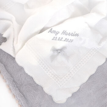 Personalised Baby Christening Silver Embroidered Shawl, 7 of 10