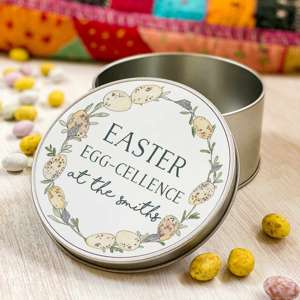 Personalised Egg Wreath Easter Eggs Round Tin, 1 of 2