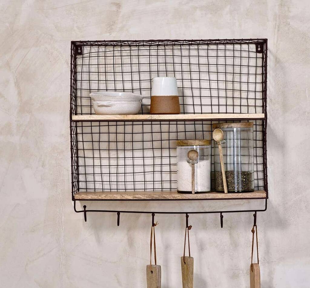 Aged Metal Wire Wall Shelf With Hooks