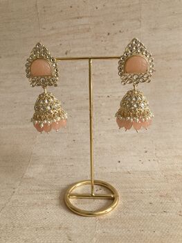Peach Gold Kundan Jhumki Indian Earrings, 4 of 6
