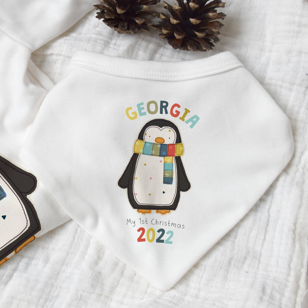Personalised First Christmas Penguin Outfit Set By Homegrown Print Co 