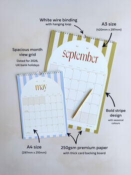 2026 A4 Or Large A3 Monthly Wall Calendar | Candy Stripes, 4 of 10