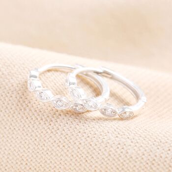 Sterling Silver Scalloped Edge Crystal Huggie Hoop Earrings, 2 of 3