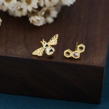 Mismatched Bee And Honeycomb Stud Earrings, 7 of 12