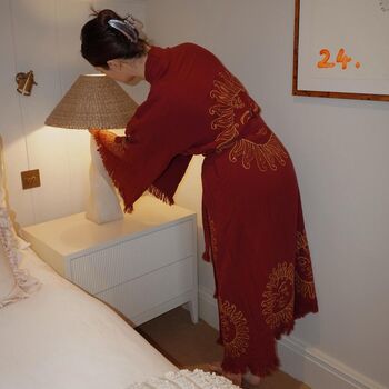 Merlot With Gold Sun Long Organic Cotton Robe, 2 of 5