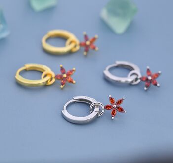 Sterling Silver Garnet Red Flower Cz Huggie Hoop, 5 of 12